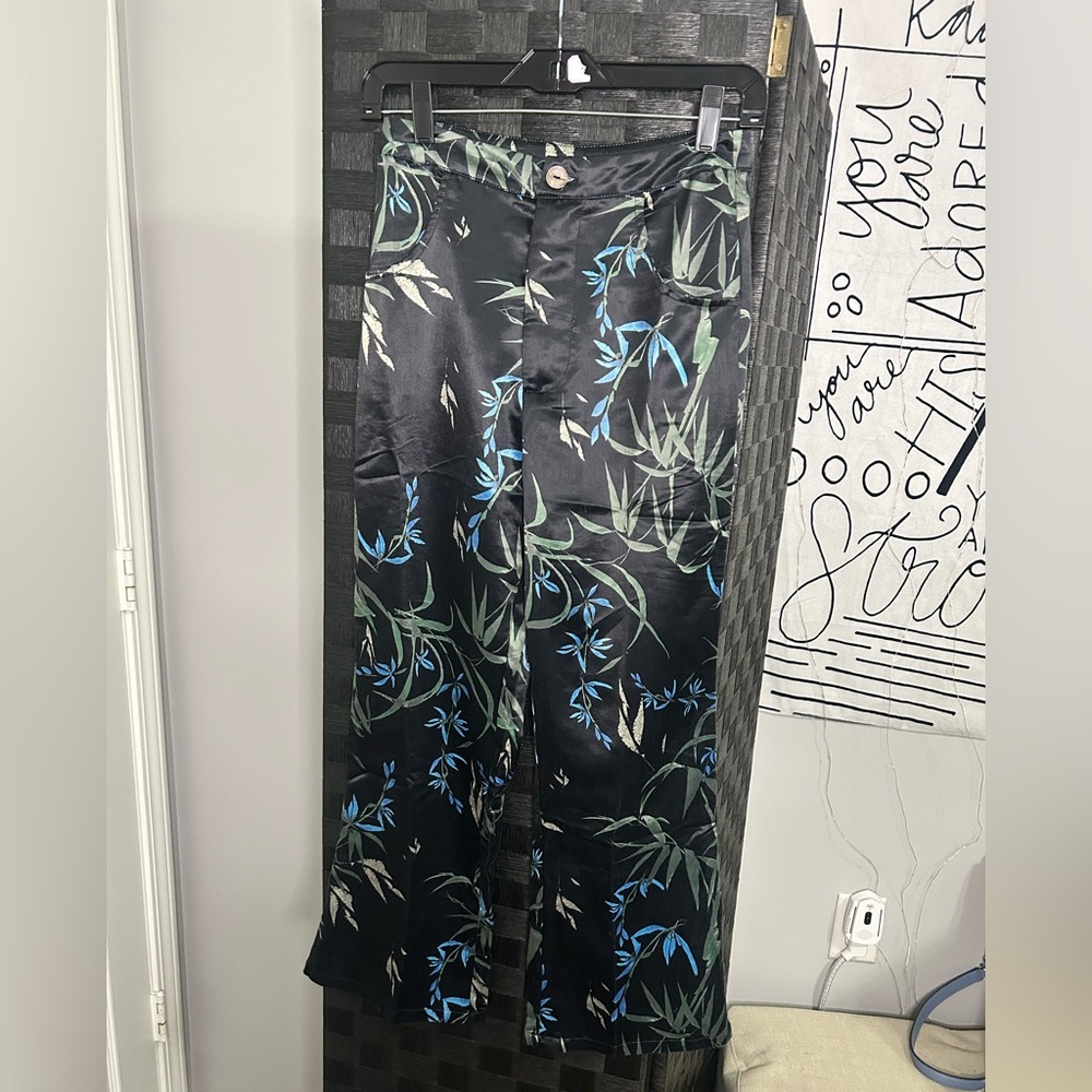 Olivaceous Black Satin Pants with Floral Accents